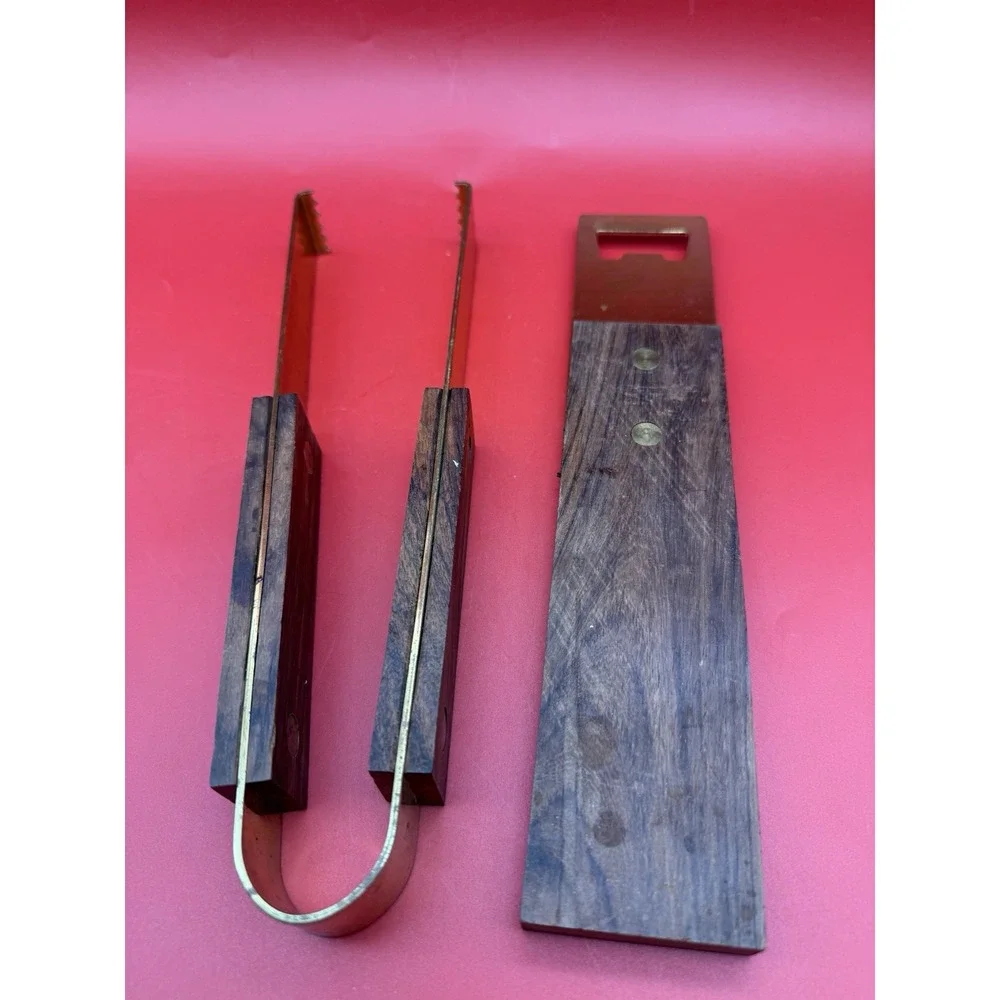 MCM Vintage Aldo Tura Barware Brass And Wood Large Bottle Opener & Ice Tongs